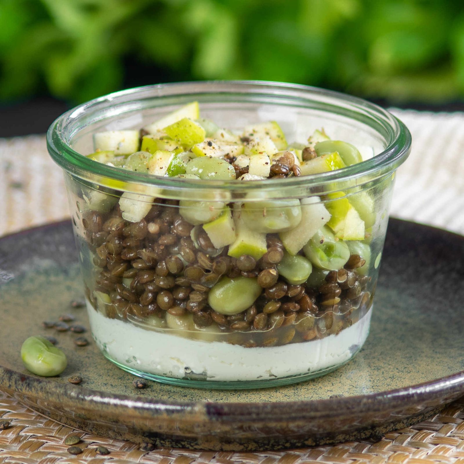 Salade de lentilles, feves, pomme, noisettes et fromage frais aux herbes