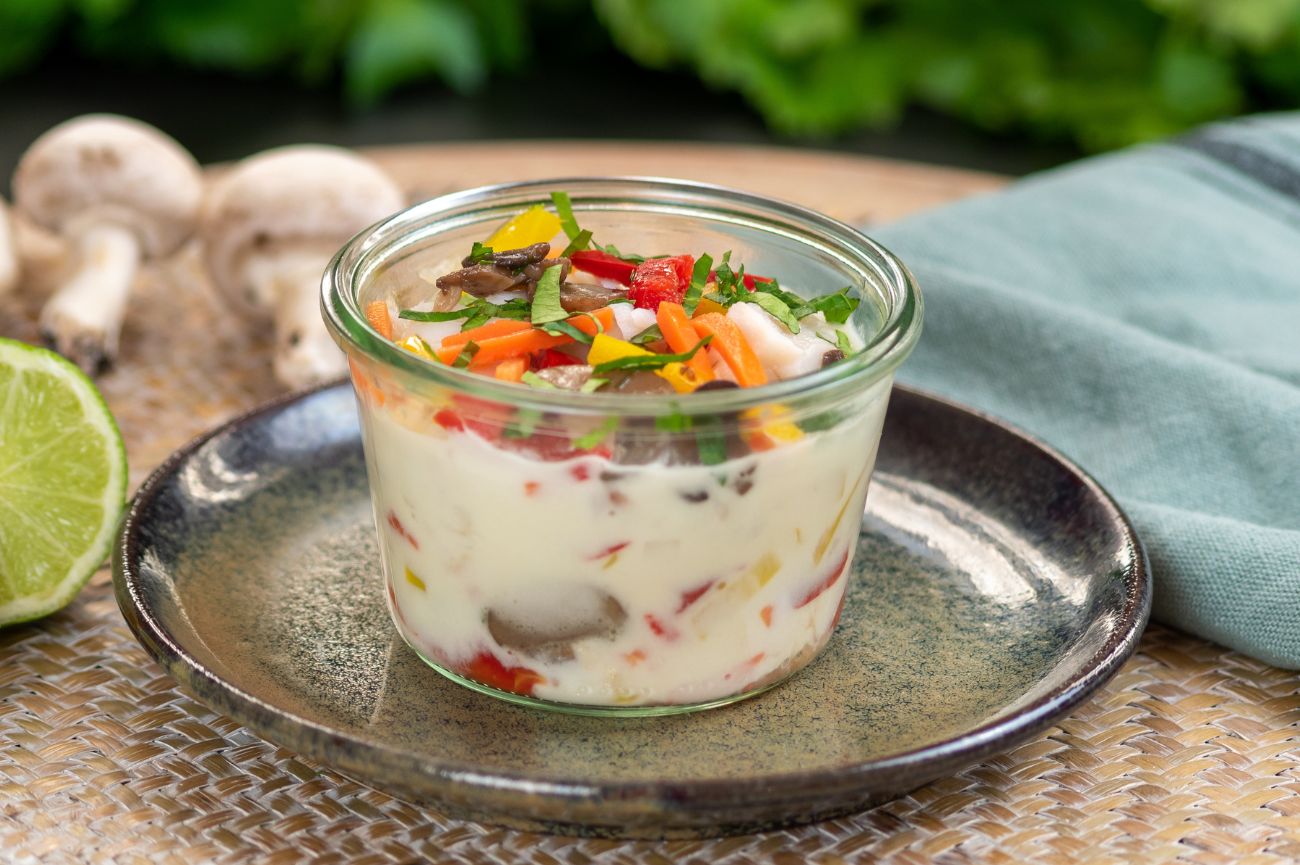 Timbale de lieu au lait de coco et petits légumes